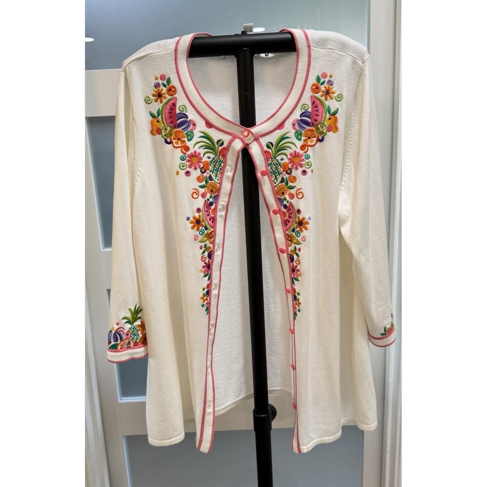 Bob Mackie Wearable Art Embroidered Tropical Fruit Cardigan White Sweater Sz 1X